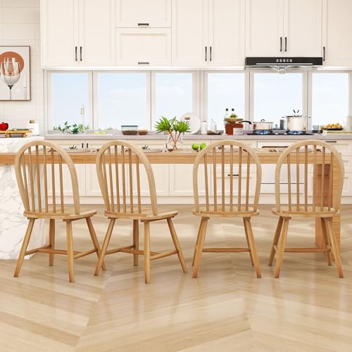 18" Oak Dining Chairs Set of 4, Wood Windsor Chair with Spindle Back for Country Farmhouse Kitchen Island