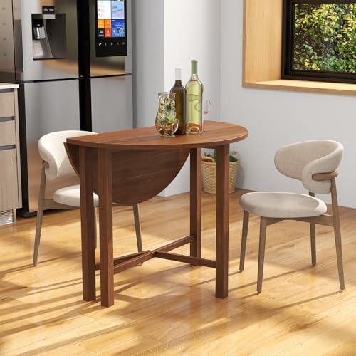 GIANTEX 36" Folding Dining Table for 2-4, Extendable Drop Leaf Kitchen Table with Solid Rubber Wood Frame, Space-Saving Round Dinner Table for Small Space, Living Dining Room, Dinette, Walnut