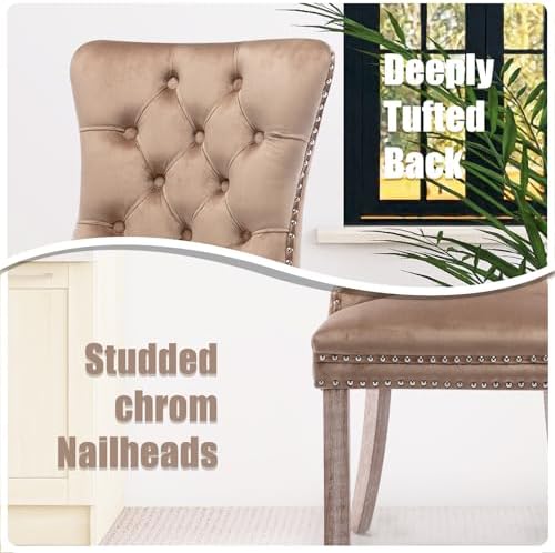 SoarFlash Velvet Dining Chairs Set of 6, Tall Back Side Chair, Modern Upholstered High-end Tufted Side Chair with Button Back Ring, Solid Wood Legs (Khaki)