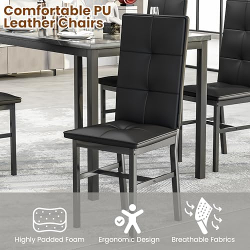 Hooseng Dining Table Set for 4, Faux Marble Small Kitchen Table with 4 PU Leather Chairs, Modern 5 Piece Dinner Table Set for Dining Room, Breakfast Nook, Samll Space, Black