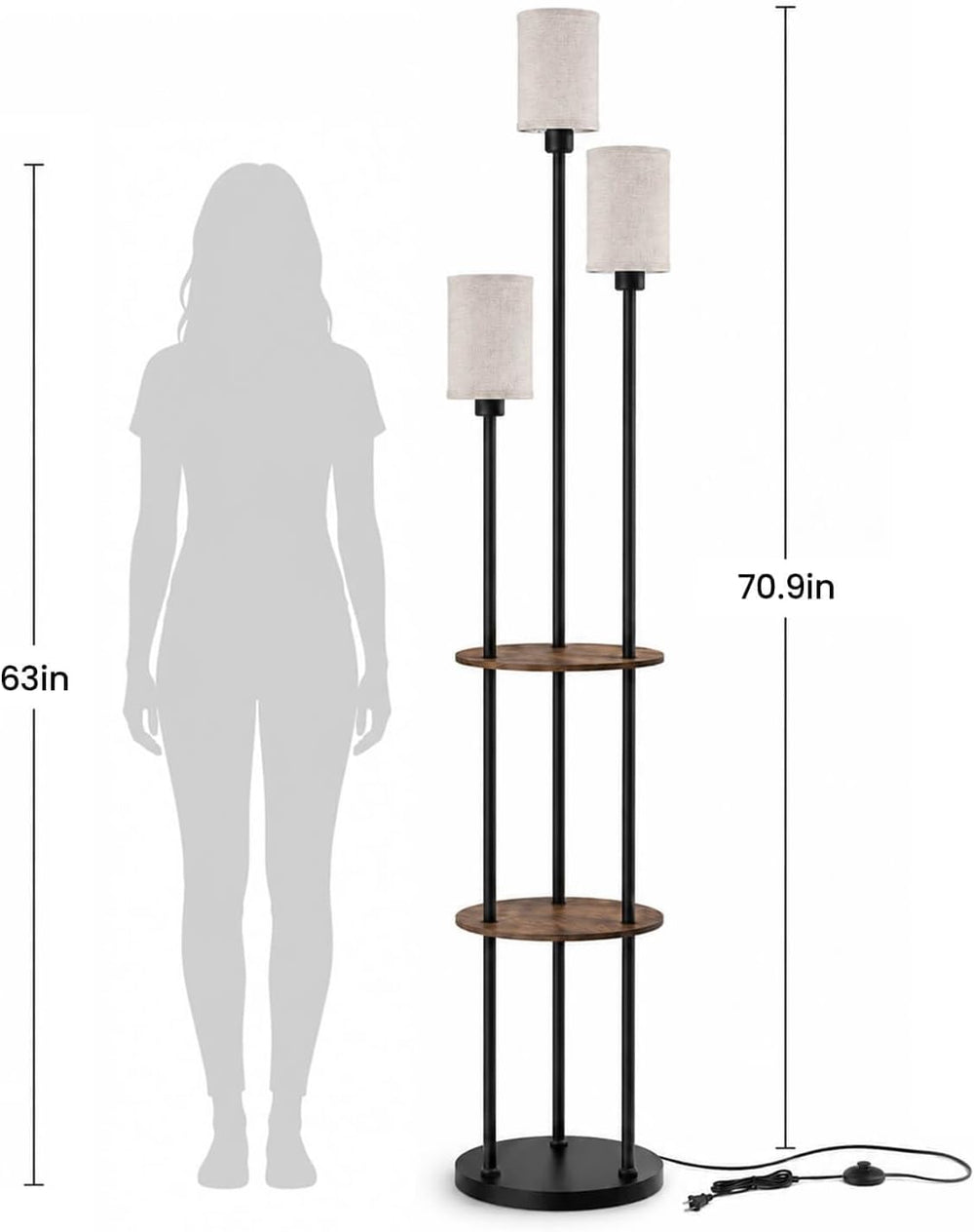 KIZON 71" Floor Lamp with Shelves, 3-Tier Standing Light, Black and Beige