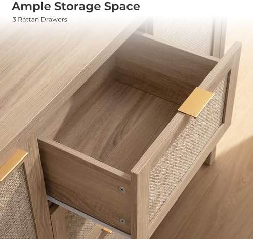 SICOTAS 52 Inch Rattan Sideboard Buffet Storage Cabinet with 3 Drawers