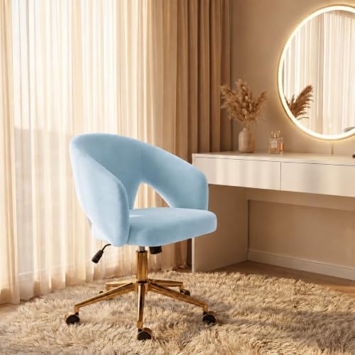 Velvet Vanity Armchair with Wheels, Comfy Upholstered Desk Seat ,Bule