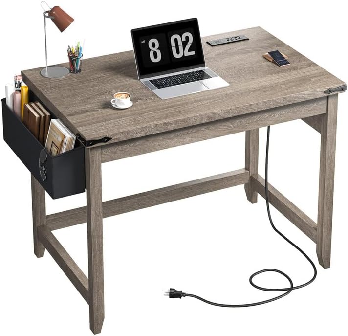 EnHomee 32"Farmhouse Writing Desk with Power Outlet,Storage Bag for Bedroom