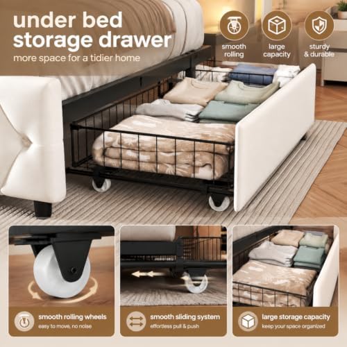Queen Size Bed Frame, Headboard, 4 Storage Drawers, LED Lights, White