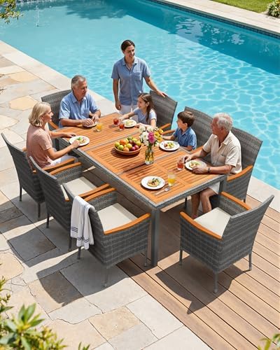Flamaker Patio Dining Set for 8 Outdoor Acacia Wood Table and Chairs, Gray