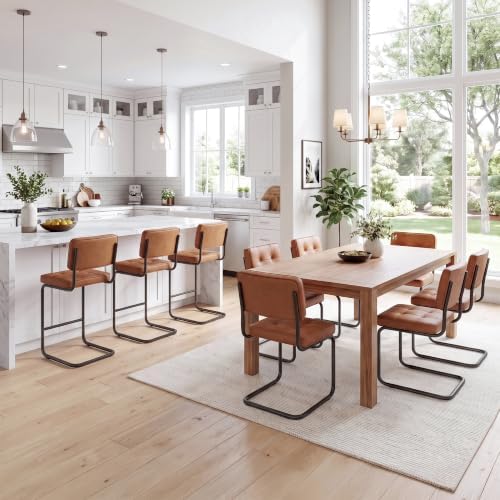 Zesthouse Industrial Metal Dining Chairs Set of 2, Upholstered Leather Kitchen Chairs with Black Metal Base, for Kitchen & Dining Room Living Room, Mid Century Breuer Design Inspired, Armless, Brown
