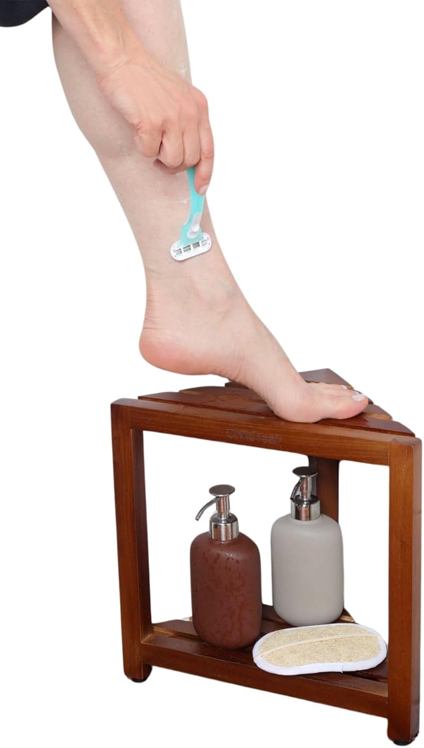 Small Teak Corner Shower Stool for Shaving Legs - 12.4-Inch Wooden Foot Rest ...