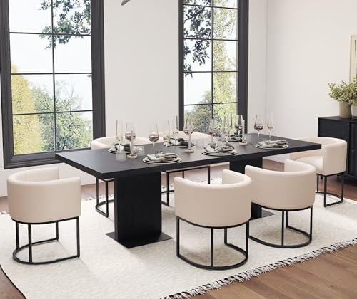 HNY Mid Century Modern Upholstered Barrel Dining Chairs with Arms Set of 6, Linen Kitchen & Dining Room Chairs, 18.5" Wide Accent Chairs for Dining Room Living Room with Black Metal Frame, Cream
