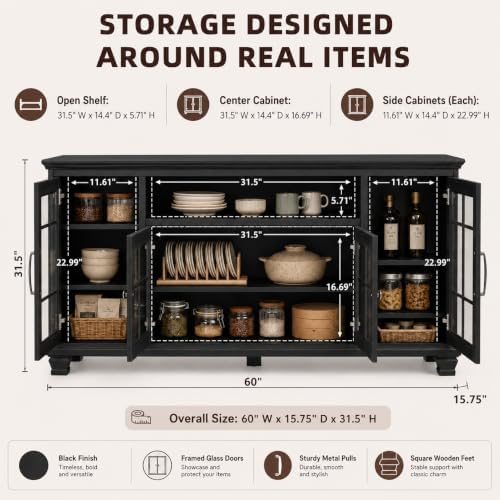 SAVOR LIFE 60-Inch Sideboard Buffet with Glass Doors,Black