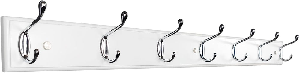 Wooden Wall Mounted Coat Rack – 35 Inch, White with 7 Silver Hooks for Entryw...