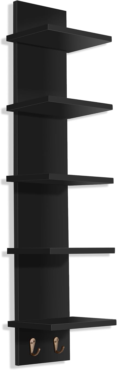 Sorbus 5-Tier Floating Wall Shelf with Hooks, 31 Inch (1 Pack, Black)