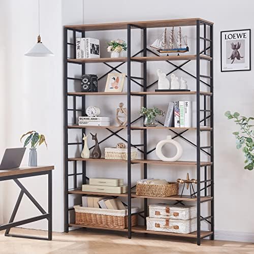 HOMISSUE Bookshelf, Industrial Double Wide 7-Tier Bookshelves, 84" Tall Bookcase with Open Shelves, Heavy Duty Bookcases with Storage for Living Room Home Office, Rustic Brown