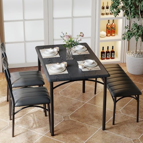 IDEALHOUSE Dining Table Set for 4, Kitchen Table with Chairs for 4, Rectangular Wood Dining Room Table Set with Upholstered Bench for Small Space, Dinner, Apartment, Retro Black