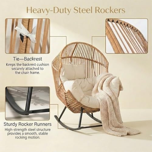 Oversized Outdoor Rocking Chair Set of 2, Wicker Egg Patio Lounge Chair Baske...