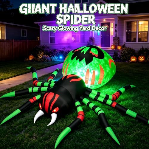 11FT Halloween Inflatables Spider Outdoor Decorations for Yard, Giant Blow up Green Spider with Rotating Fire Flame Light, Large Spooky Spider for Halloween Party Garden Lawn House Holiday Decor
