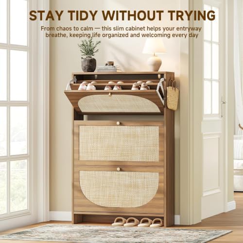 Nicetree Rattan Arched Accent Shoe Storage Cabinet - Freestanding Ultra Slim for Entryway, 3 Flip Drawers & 3-Tier Adjustable Shelves, Farmhouse Modern Rustic Shoe Rack for Hallway, Foyer, Living Room
