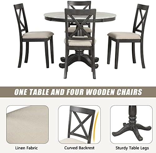 LUMISOL Round Dining Table Set for 4, Faux Marble Kitchen Table Set with 4 Upholstered Chairs for Kitchen, Dining Room, Small Space, Muddy Gray