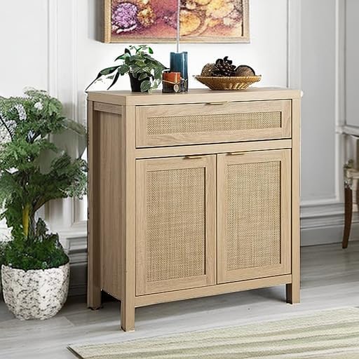 SICOTAS Sideboard Buffet Storage Cabinet, Rattan Accent Cabinet with Doors