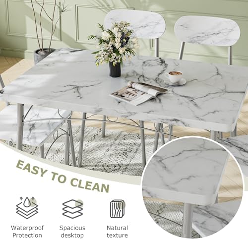 VECELO Dining Table Set for 4, 5-Piece Kitchen Table with 4 Chairs, MDF Board Tabletop with Metal Frame for Small Space, Compact Dinette, Breakfast Nook, Marble White