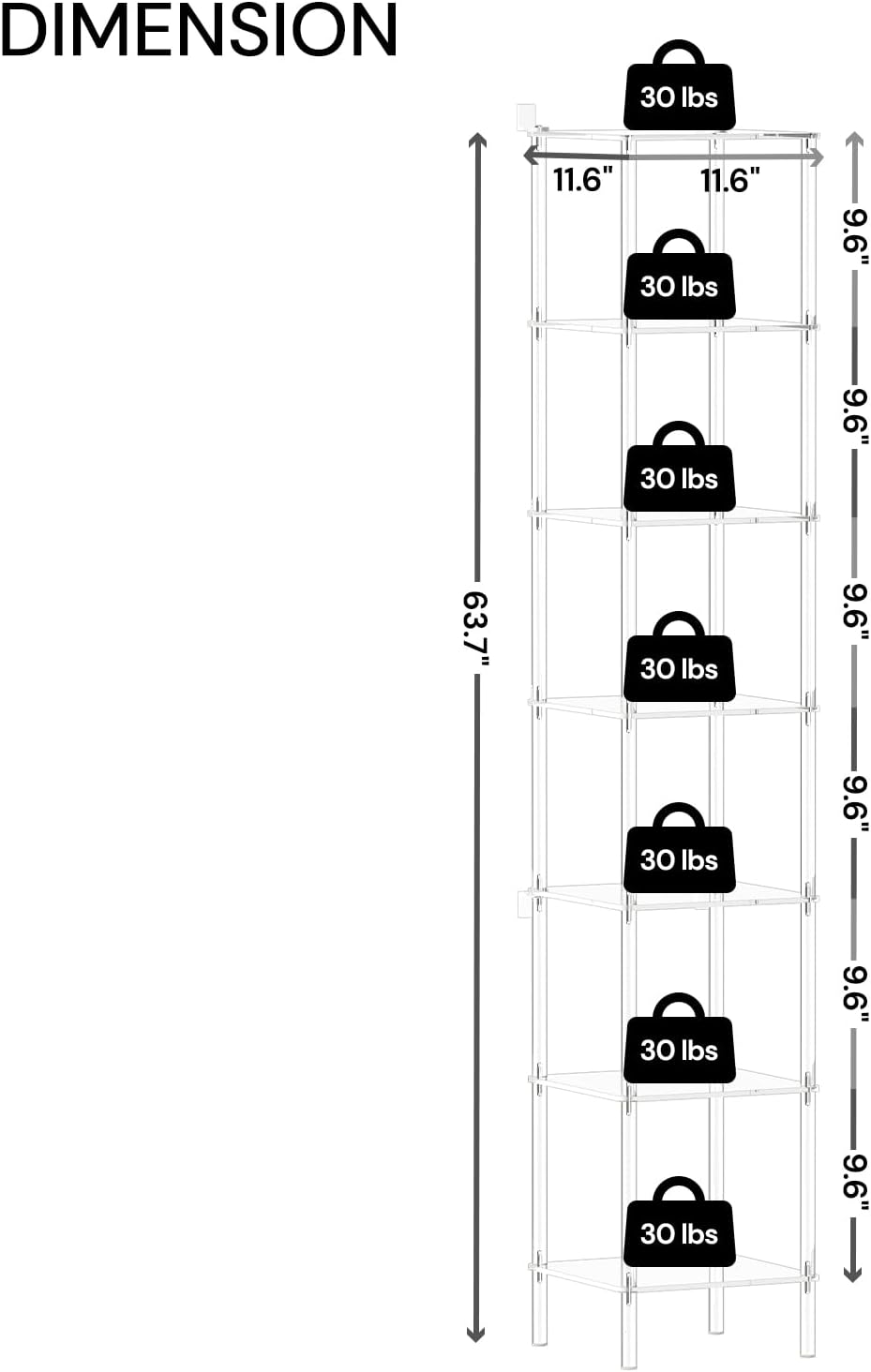 7-Tier Square Acrylic Bookshelf, Clear Tall Narrow Bookcase for Small Space, ...