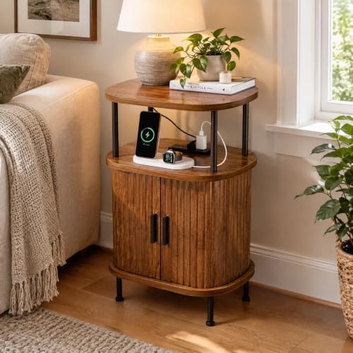 Fluted Nightstand, Walnut Bedside Table with Charging Station