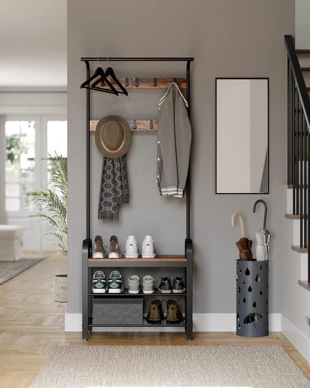 VASAGLE Coat Rack, Hall Tree with Shoe Bench, 4-in-1, 9 Removable Hooks