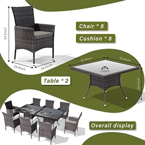 10 Pieces Outdoor Patio Dining Set,Patio Table and Chairs Rattan Outdoor Patio Furniture Set with Umbrella Hole,Dining Table Set for 8 with Chairs for Backyard,Garden and Kitchen,Grey