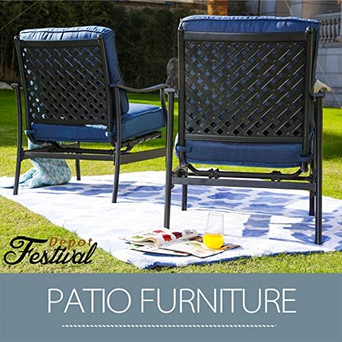 Festival Depot Patio Set of 2 Dining Chairs with Thick Cushions Metal Frame O...