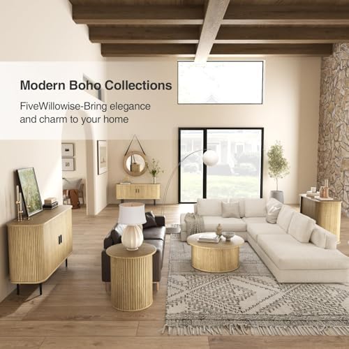 Fluted Sideboard Buffet Cabinet, Sliding Door/Adjustable Shelf, Natural