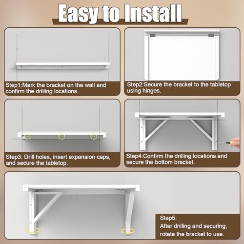 MM MELISEN Wall Mounted Folding Table, 29.5"L x 19.6"W, White, Space-Saving Design