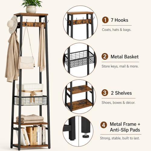Coat Rack with Metal Basket and Storage Shelves