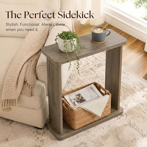 Narrow Side Table, 7.9" Slim End Table, Oak