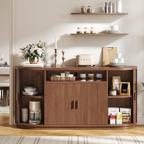 63" Sideboard Buffet Cabinet with Storage, Modern Fluted Credenza, Walnut