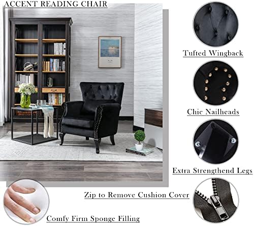 Mid Century Modern Accent Chair Upholstered Armchair Comfy Velvet Fabric Single Sofa with Tufted Wingback for Small Spaces Bedroom Living Room, Black