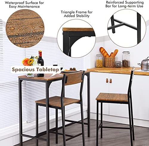 GIANTEX 3 Piece Pub Table Set, Bar Table and Chairs Set of 2, Kitchen Counter Height Dining Table Set, Dinette Set for Small Space Apartment Breakfast Nook Restaurant, Rustic Brown