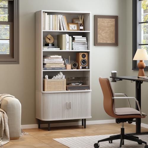 ONBRILL 71" Bookshelf with Sliding Door, Bookcase Cabinet, Natural White