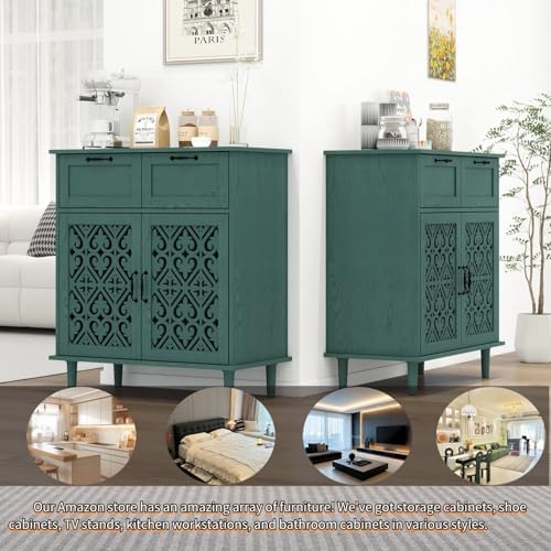 Green Buffet Sideboard Cabinet with 2 Doors 2 Drawers- Accent Cabinet with Ad...