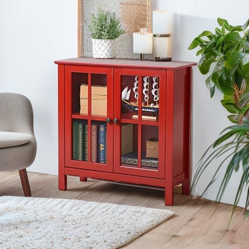 OS Home and Office Furniture 31.5" Wood Accent Display Cabinet in Red