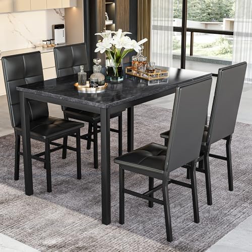 Hooseng Dining Table Set for 4, Faux Marble Small Kitchen Table with 4 PU Leather Chairs, Modern 5 Piece Dinner Table Set for Dining Room, Breakfast Nook, Samll Space, Black
