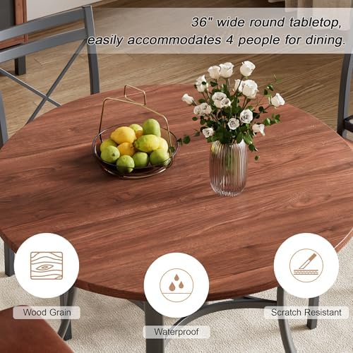 VECELO 5 Piece Dining Table Set for 4 with Chairs, Wood Grain Tabletop, Small Space, Kitchen, Breakfast Nook, Brown