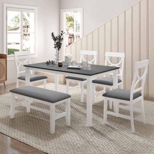 LUMISOL 6 Piece Farmhouse Dining Table Set with Bench, Gray Wash+White