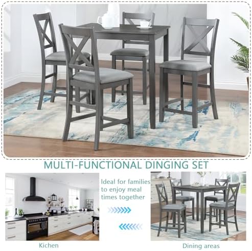 LUMISOL 5-Piece Solid Wood Table Set for 4, Farmhouse Counter Height Kitchen Dining Table Set with 4 Upholstered Chairs for Kitchen, Dining Room, Home Bar, Grey