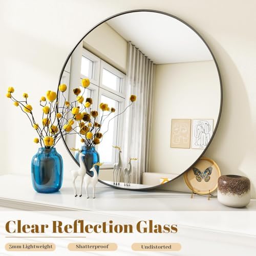 VooBang Black Round Bathroom Mirror 30", Thin Metal Frame Wall Mirror