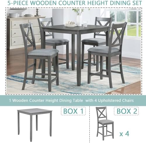 LUMISOL 5-Piece Solid Wood Table Set for 4, Farmhouse Counter Height Kitchen Dining Table Set with 4 Upholstered Chairs for Kitchen, Dining Room, Home Bar, Grey