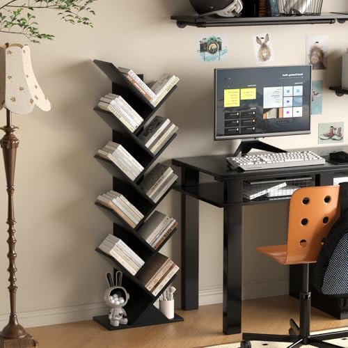 10 Tier Tree Book Shelf, Floor Standing Wood Bookshelf for Narrow Space