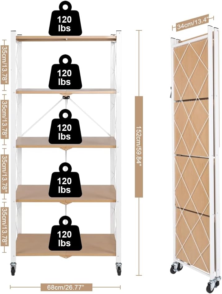Hershii 5-Tier Foldable Storage Shelves with Wheels Heavy Duty Metal Shelf