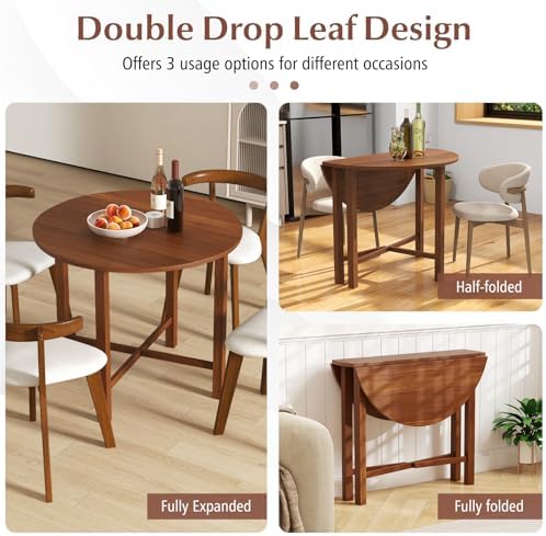 GIANTEX 36" Folding Dining Table for 2-4, Extendable Drop Leaf Kitchen Table with Solid Rubber Wood Frame, Space-Saving Round Dinner Table for Small Space, Living Dining Room, Dinette, Walnut