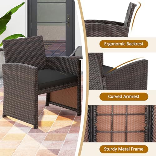 HAPPYGRILL 3 Pieces Patio Wicker Dining Set, Balcony Furniture Set w/Tempered Glass Dining Table, 2 Chairs, Comfy Cushions, Space-Saving Dining Set for Small Spaces, Perfect for Garden, Backyard