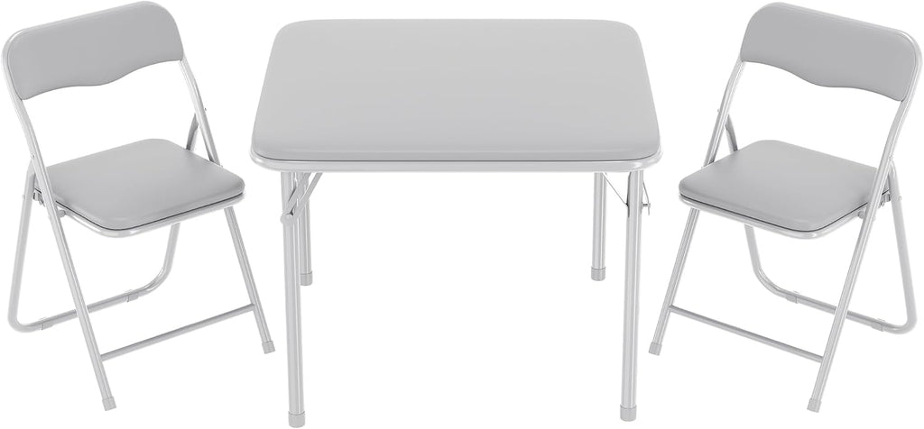 IDEALHOUSE Boys and Girls Folding Table and Chairs Set of 3, Portable Table and Chair with Pu Soft Cushion,Suitable for Eating,Reading and Playing (Grey)